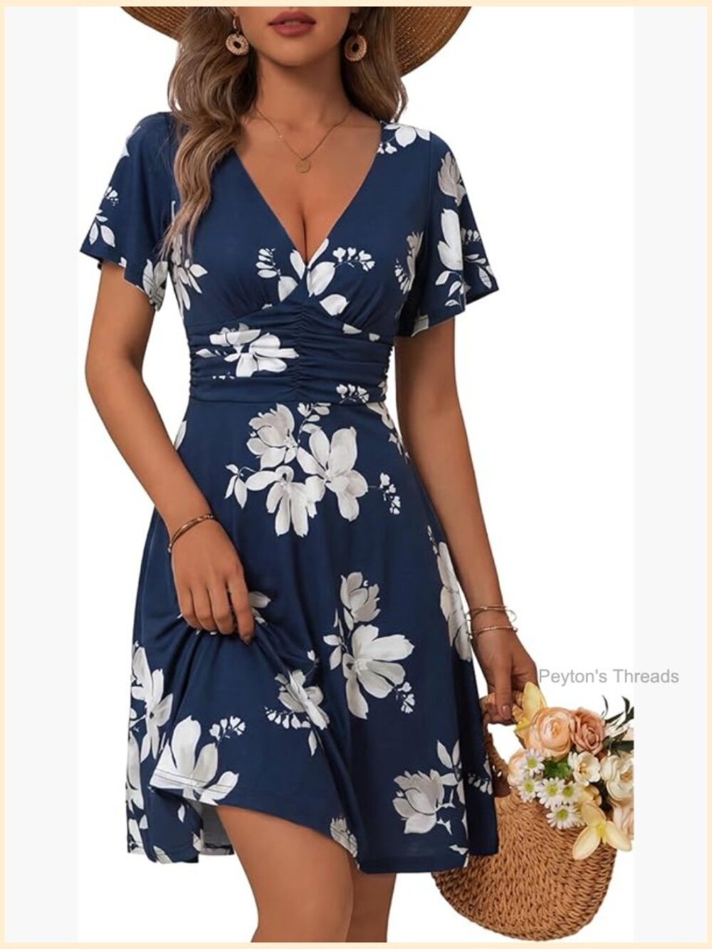 Deep V Neck Short Sleeve Midi Floral Sundress with Pockets Corset
